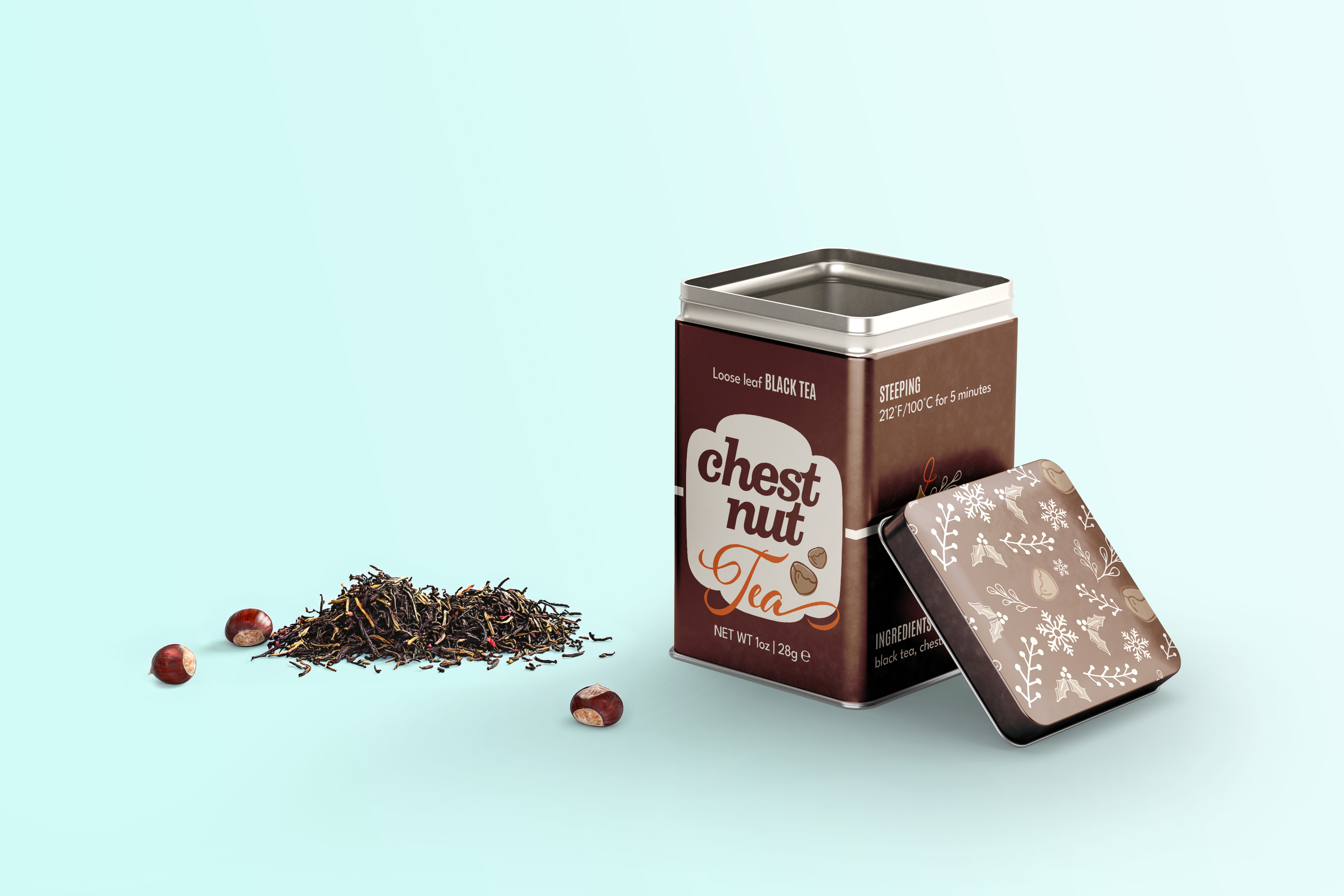 Chestnut tea tin with loose tea at side.