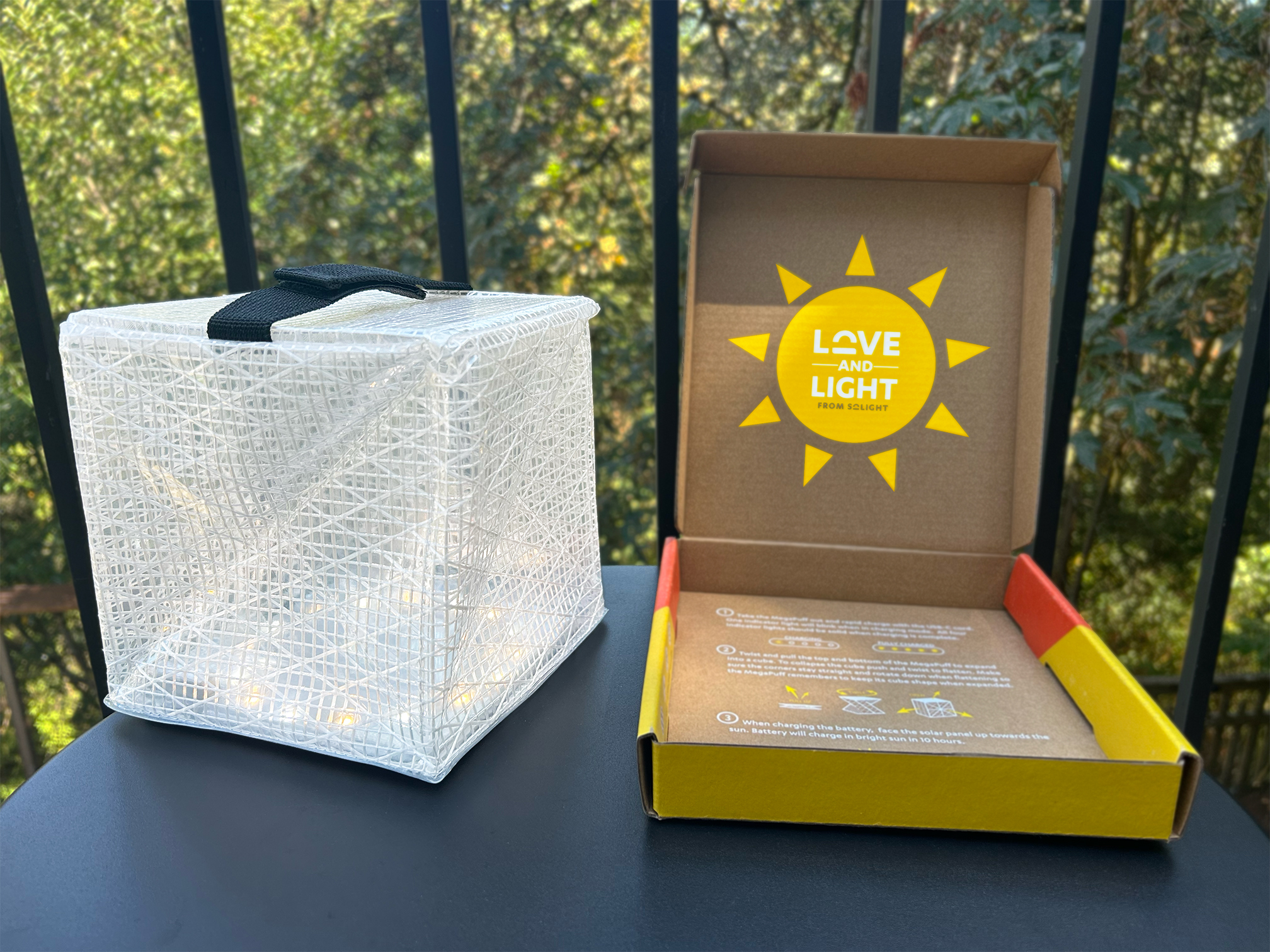 MegaPuff lantern and package outside.