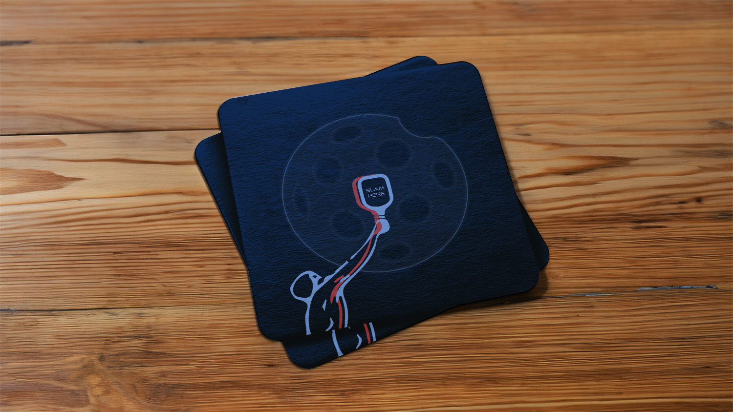 Branded coaster on table.