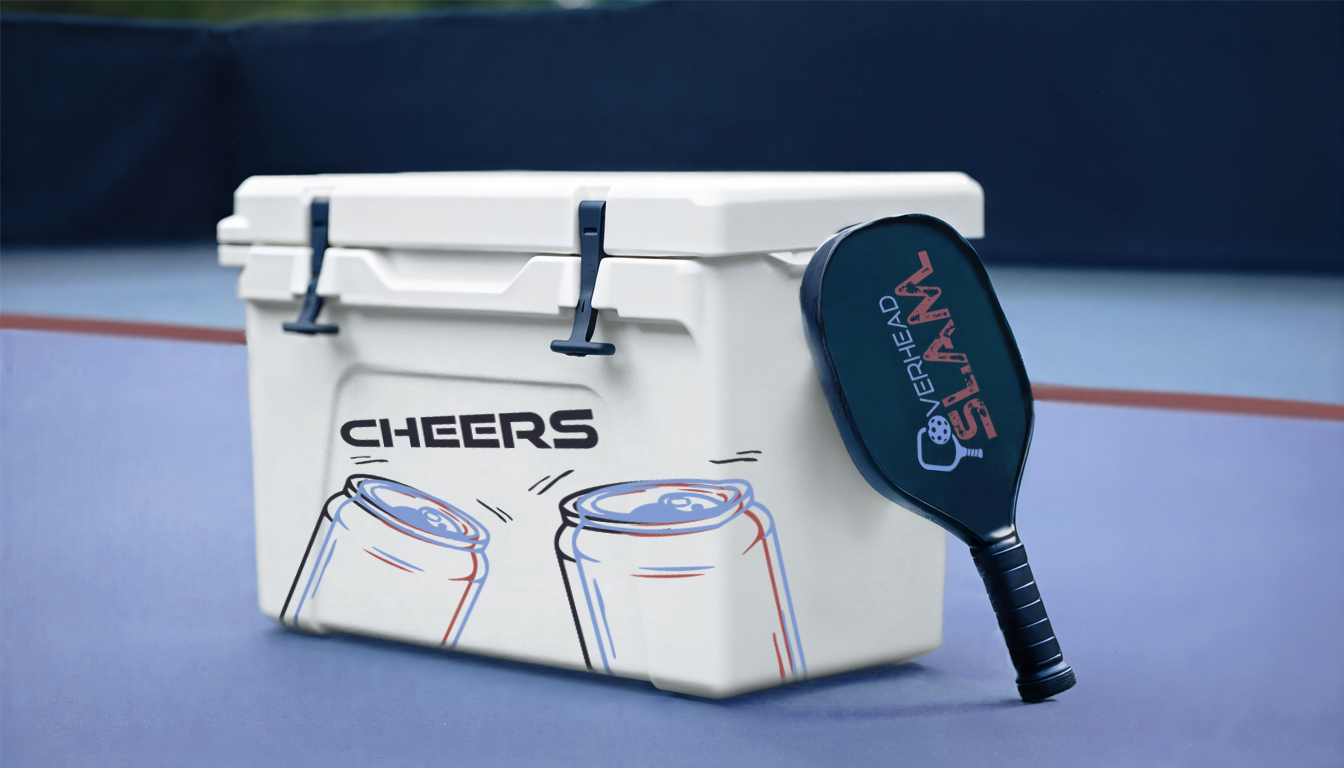 Branded cooler with pickleball paddle.