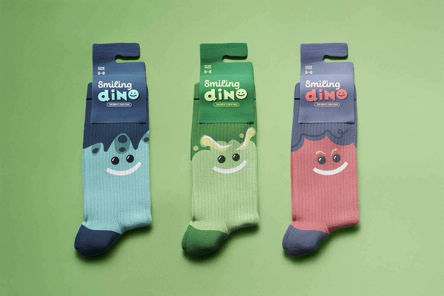 Cute Smiling Dino socks 3 variations.