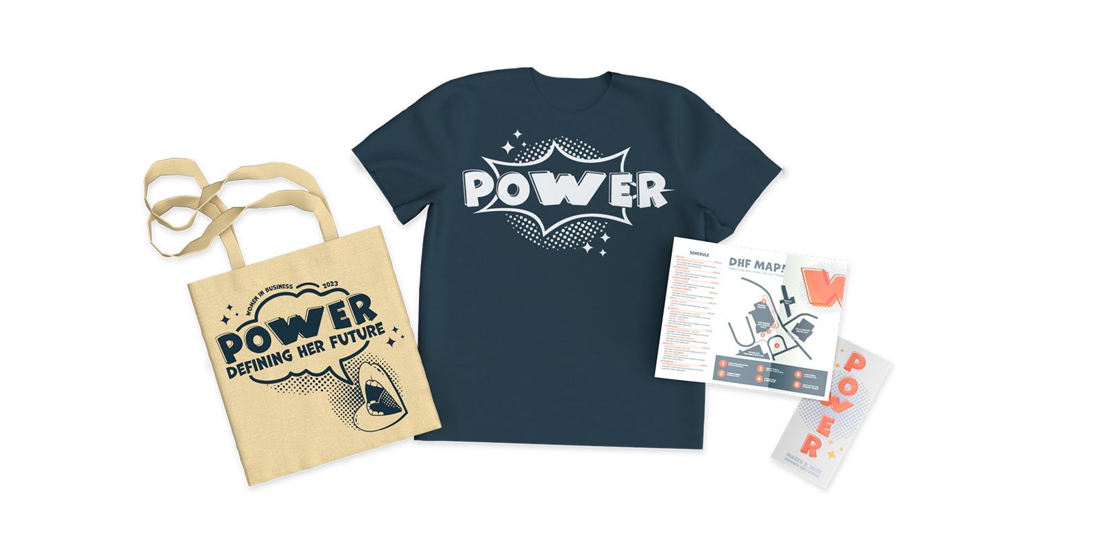Defining Her Future bag, t-shirt, and pamphlet.